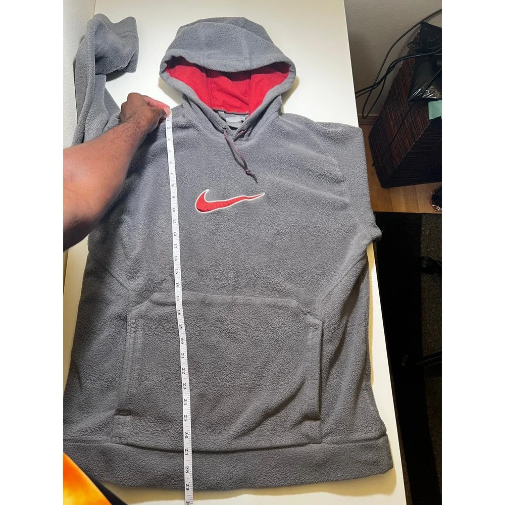 Vintage Nike Mens Hoodie Large Grey Red Center Swoosh Fleece Pullover Y2K